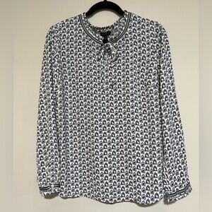 Talbots Blue/White Birdcage Novelty Print Long Sleeve Peasant Top Size Medium